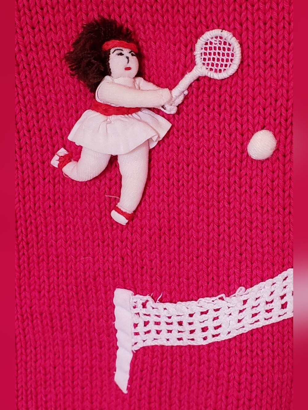 Vintage 1980s Raquel's Collection handmade knit crochet tennis 3D cotton sweater - Picture 3 of 9